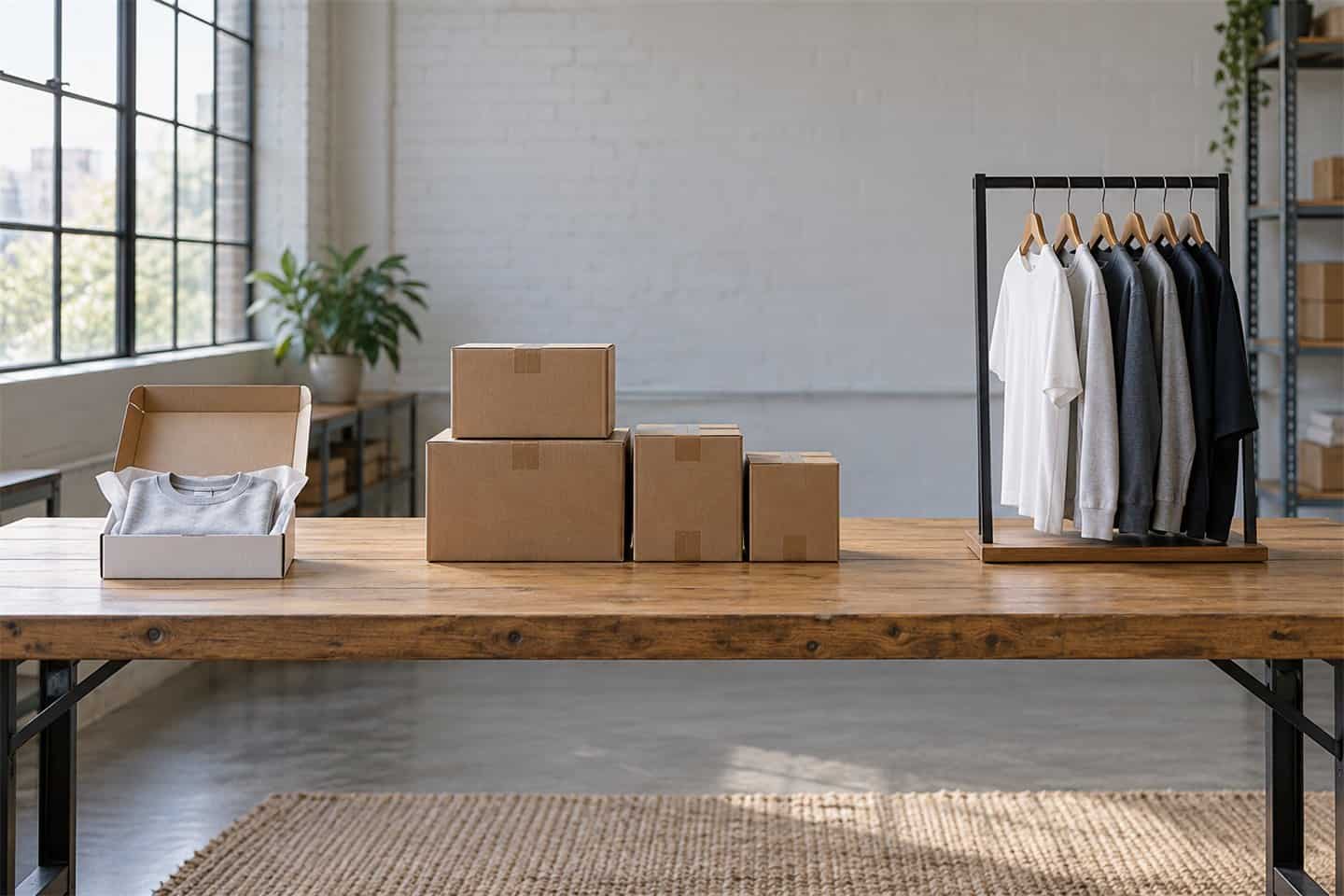 Clothing and packaging boxes on a wooden table in a modern studio.