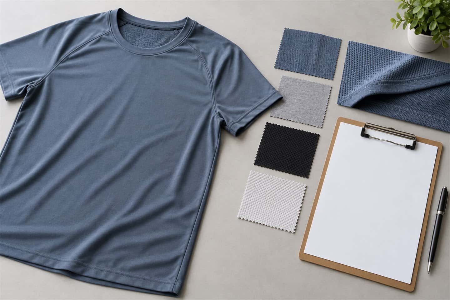 Illustration of a plain garment, fabric swatches and an unreadable blank shipment worksheet