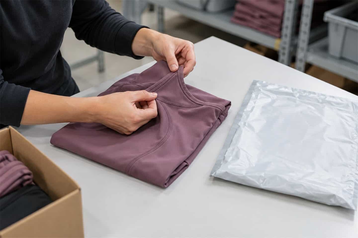 Person inspecting a folded garment in a clothing manufacturing facility.