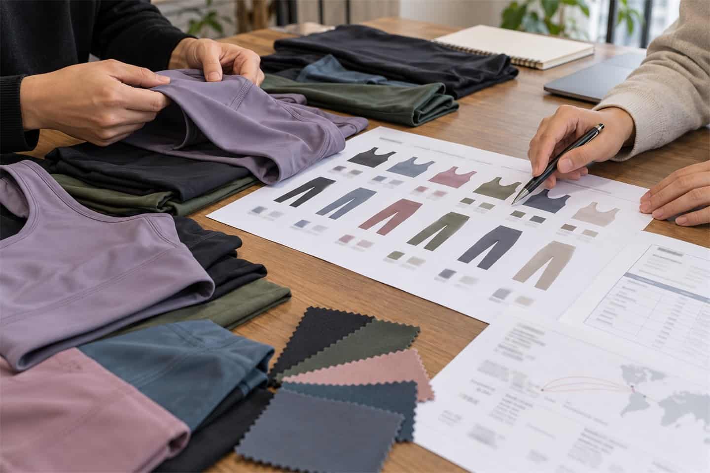 Clothing design team reviewing fabric samples and sketches for custom apparel.