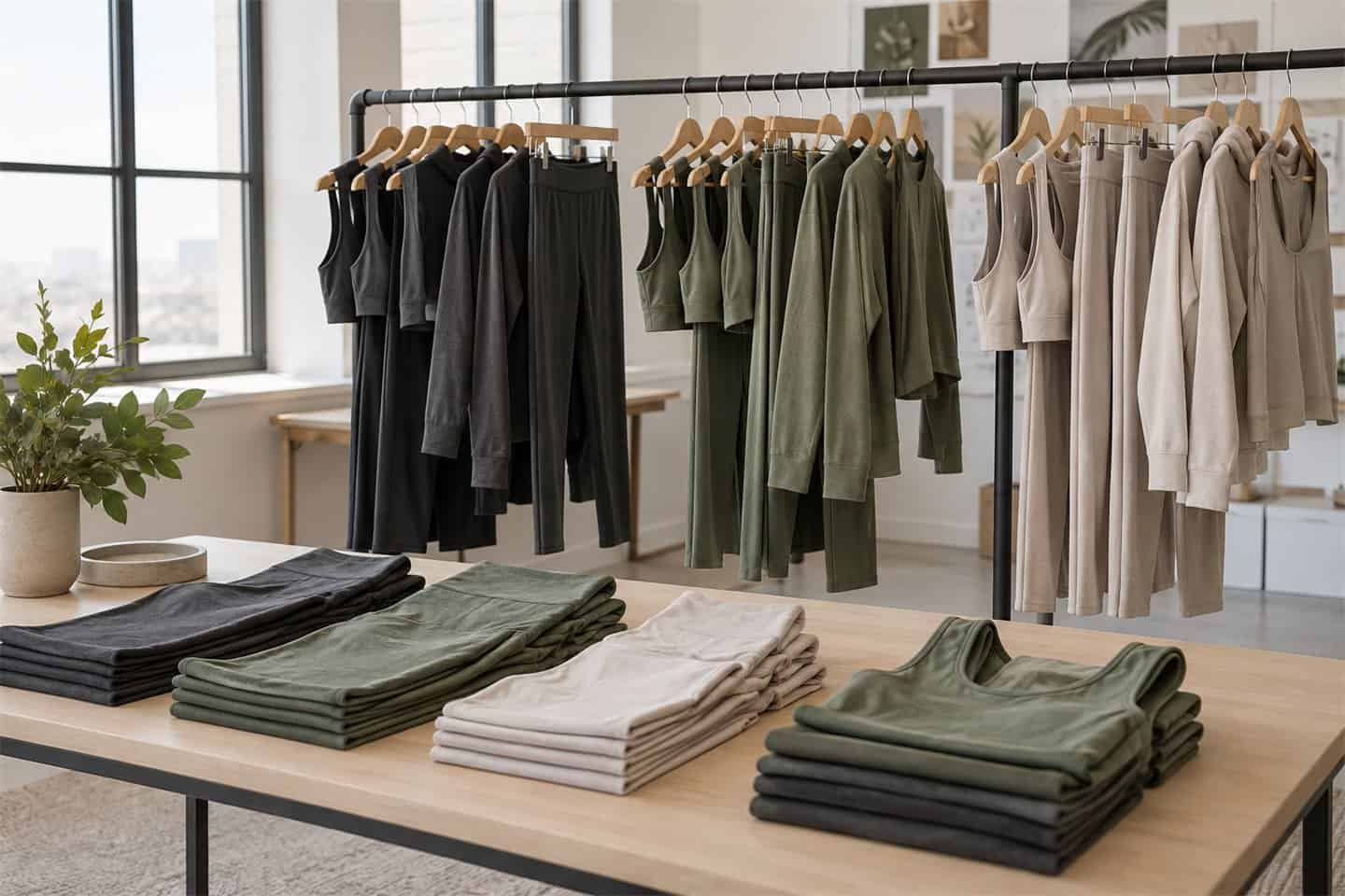 Clothing racks with custom activewear in various colors and styles.