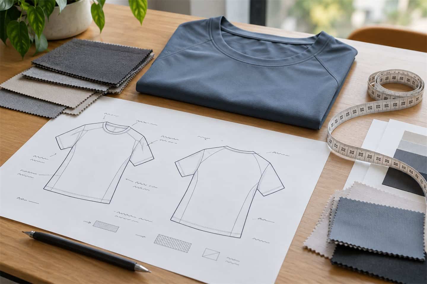 Clothing design sketches with fabric samples and measuring tape.