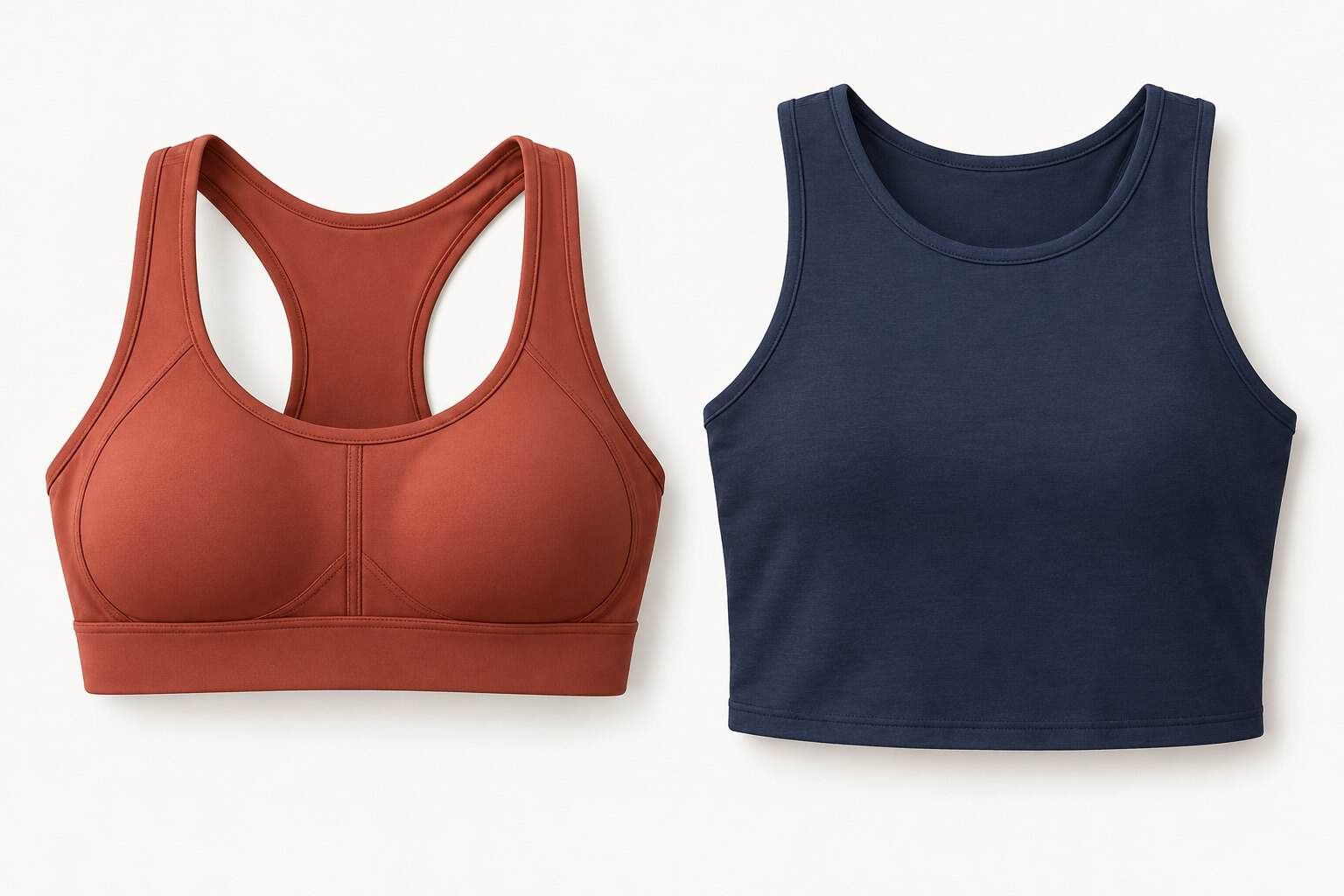 Two athletic crop tops, one rust-colored sports bra and one navy crop top, on a white background.