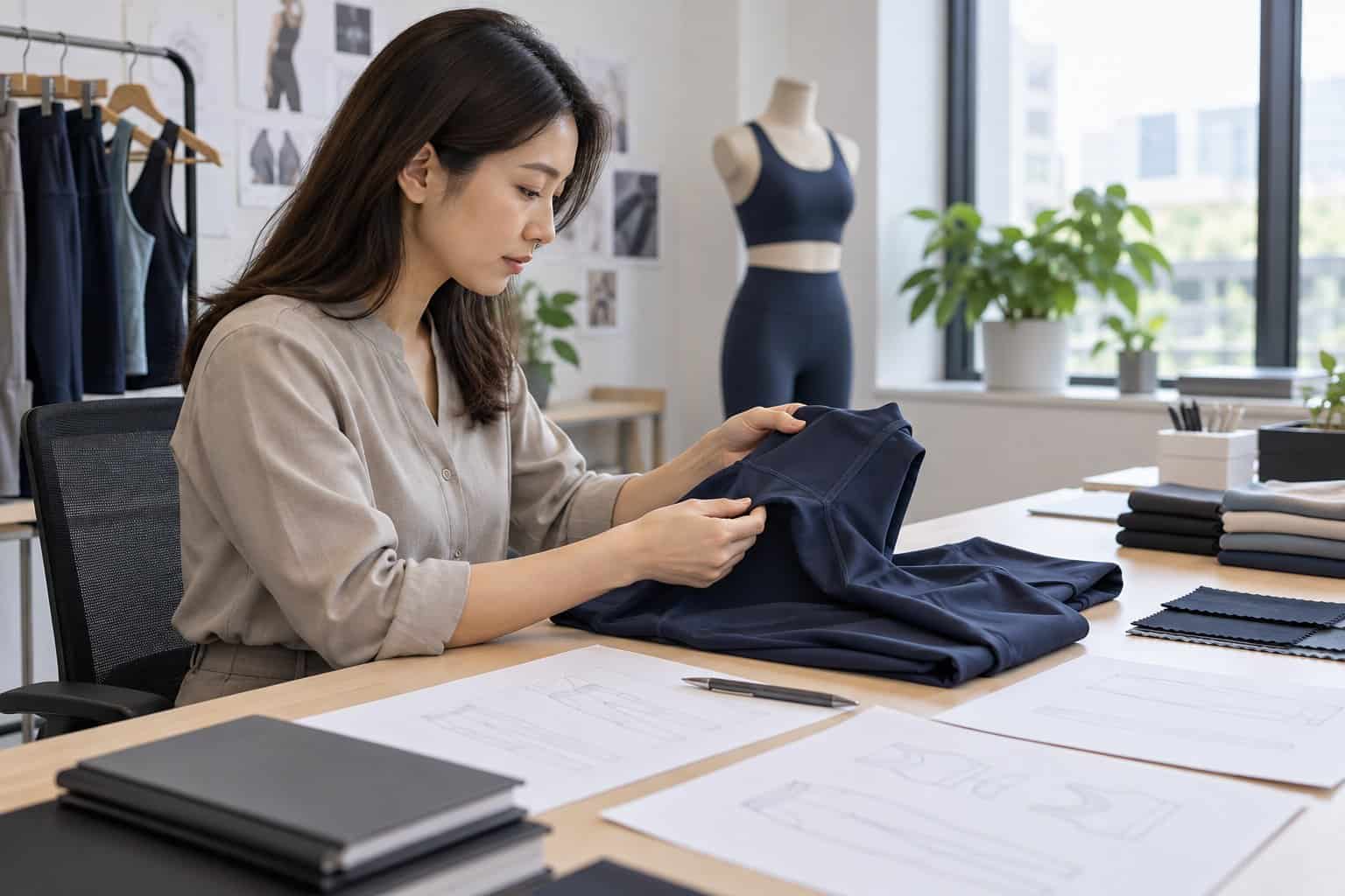 Fashion designer inspecting navy activewear fabric in studio.