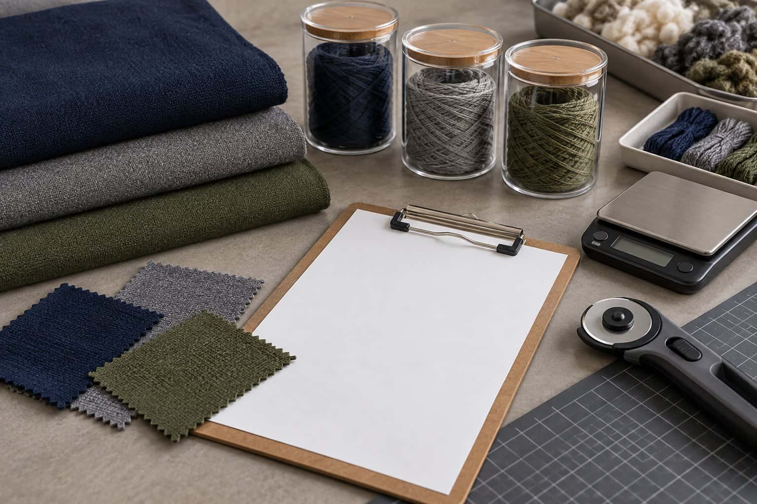 Fabric swatches, yarns, and design tools for activewear manufacturing.