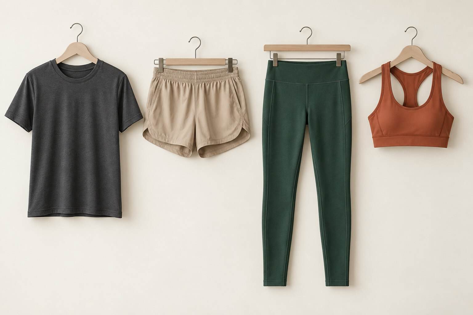 Display of custom activewear clothing including t-shirt, shorts, leggings, and sports bra.