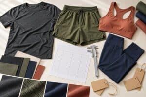 Activewear clothing samples with fabric swatches and design tools.