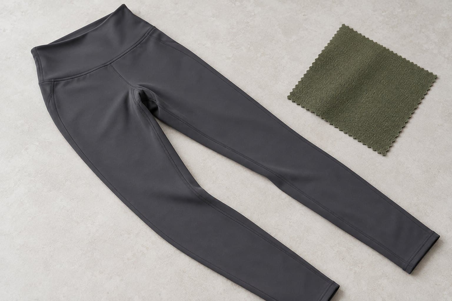 Black custom activewear leggings with fabric swatch for design options.