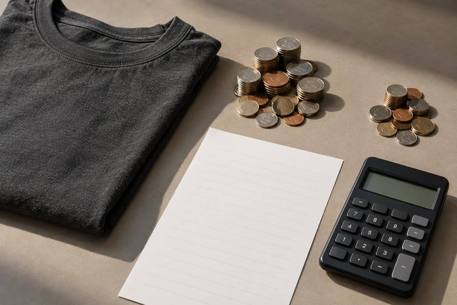 Black activewear shirt with coins, notepad, and calculator for cost analysis.