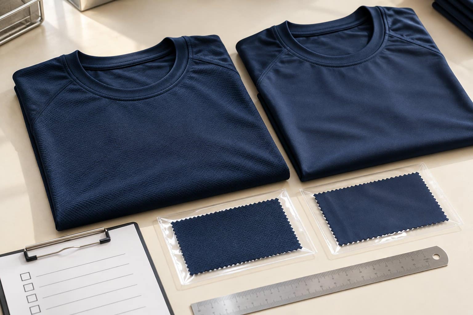 Fabric samples for custom activewear manufacturing with design team.