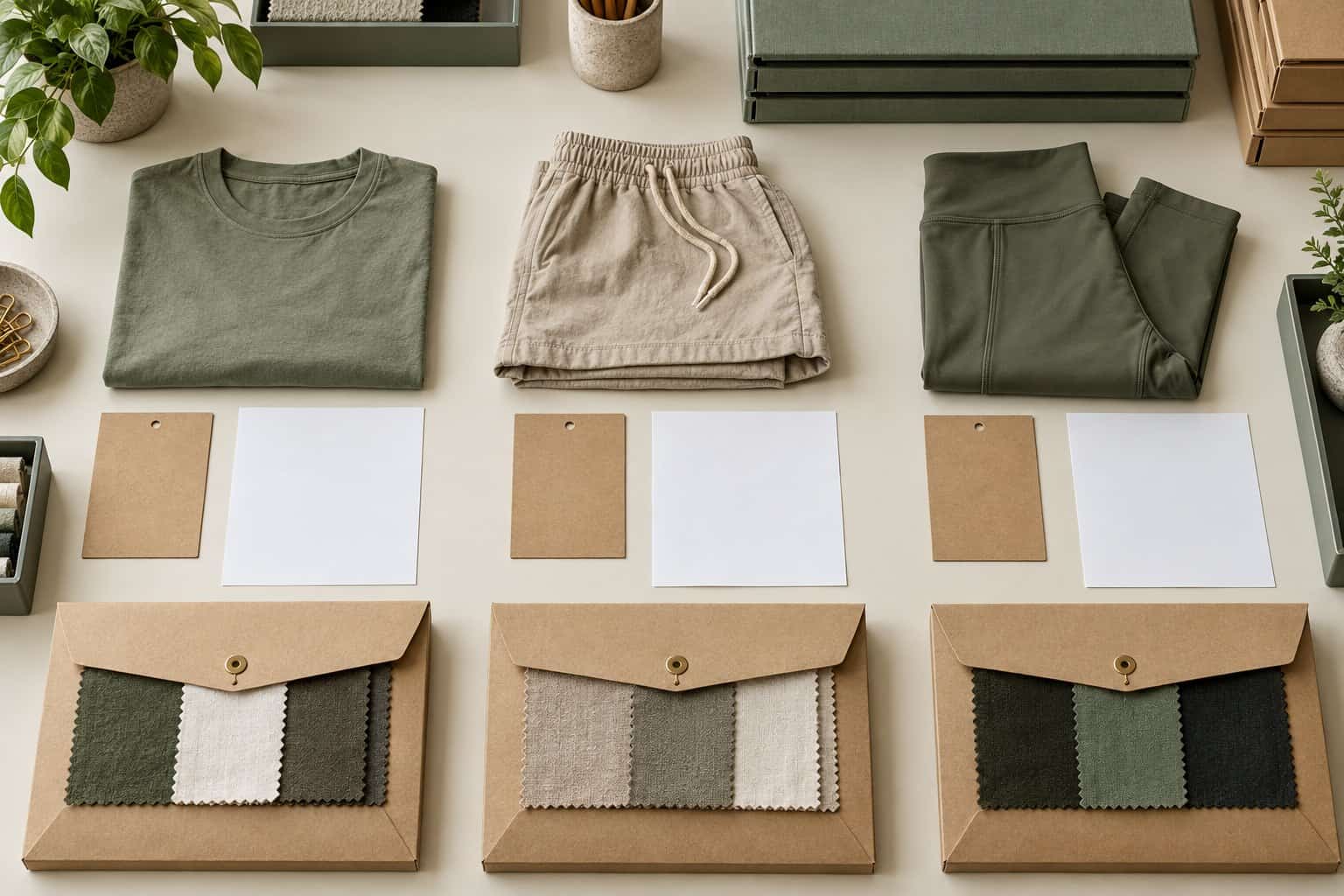 Fabric swatches for custom activewear clothing with design options.