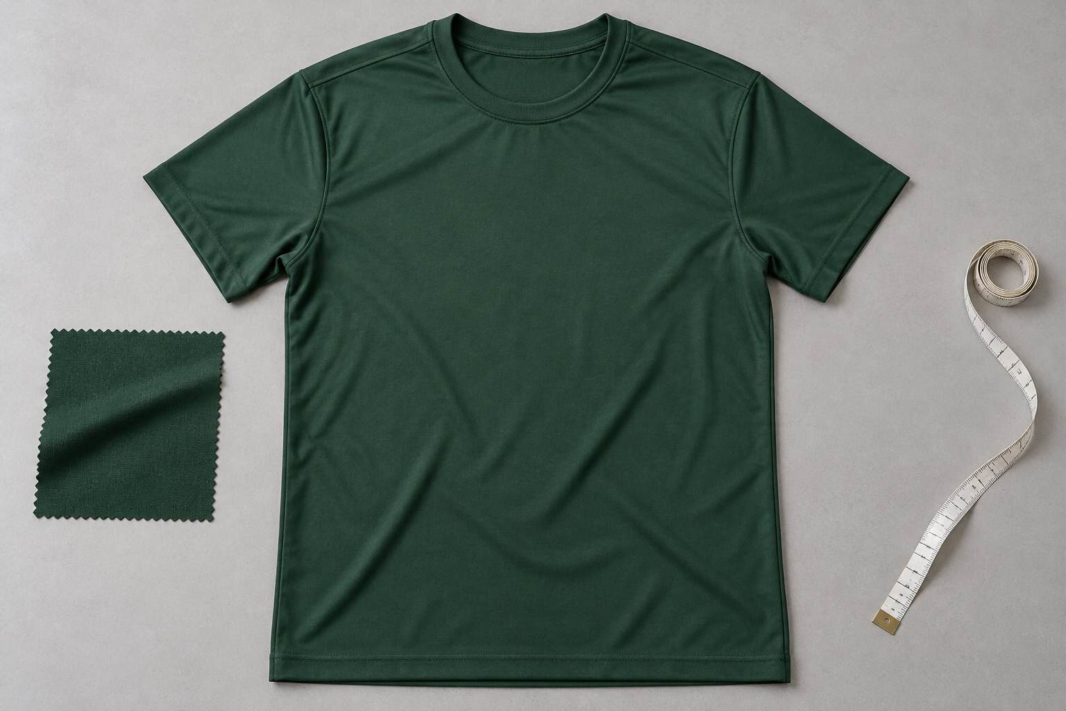 Custom green activewear T-shirt with fabric swatch and measuring tape.