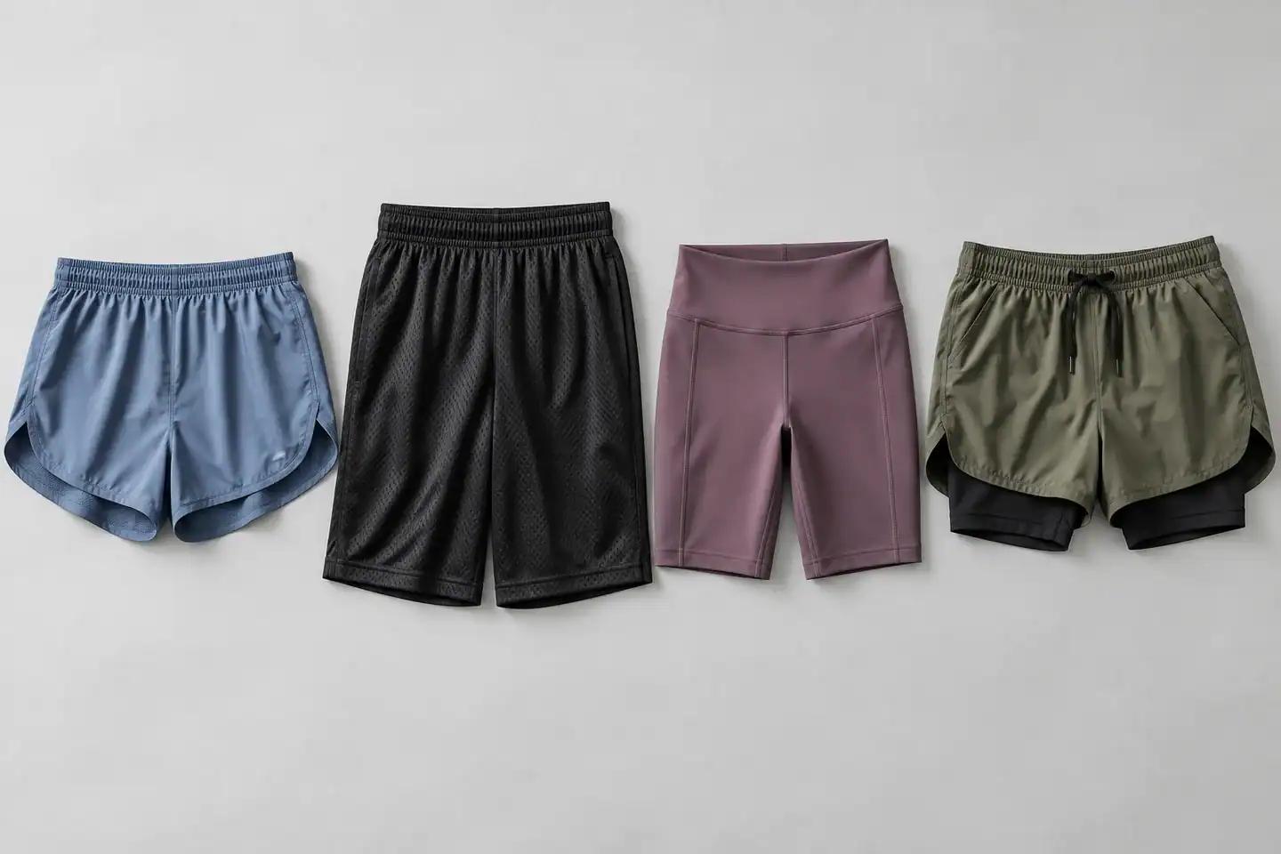 Variety of custom athletic shorts with different colors and styles for activewear.