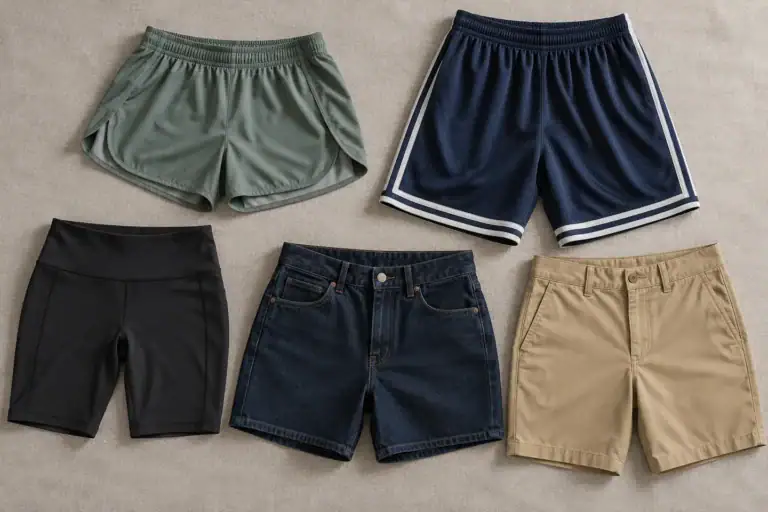 Unbranded running, training, denim, cargo, and tailored shorts arranged as a buyer style comparison