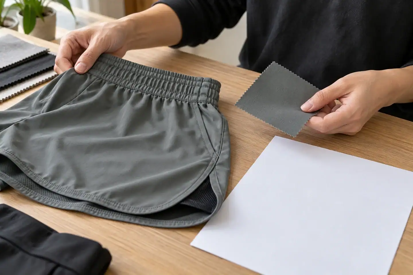 Person inspecting custom shorts fabric and design at a manufacturing facility.