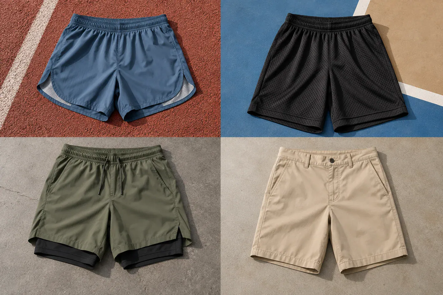 Variety of custom athletic shorts in different colors and styles.