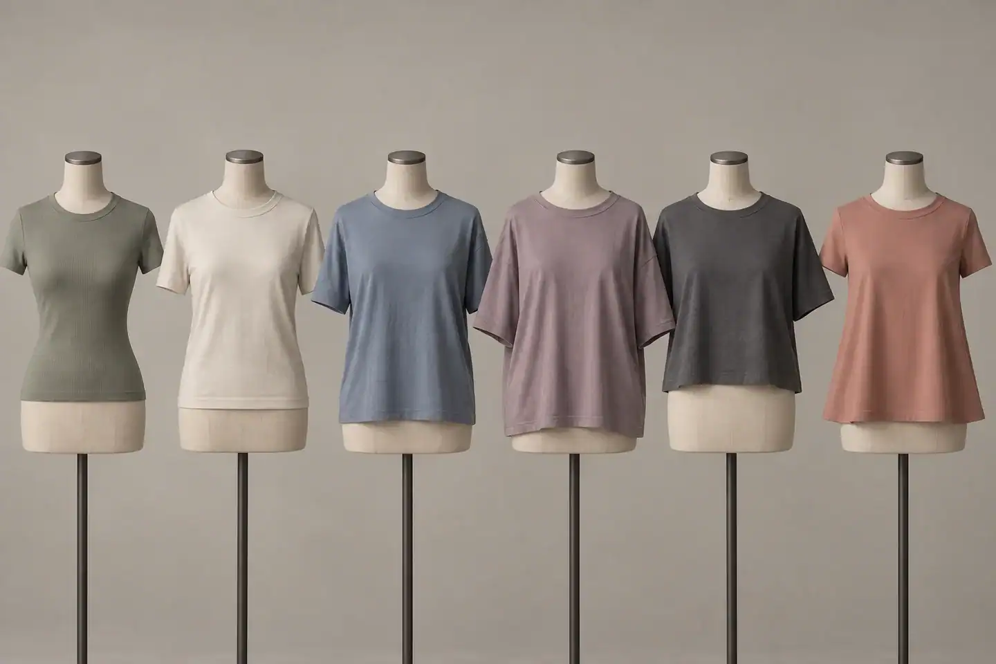 Six different colored casual T-shirts on mannequins for clothing display.