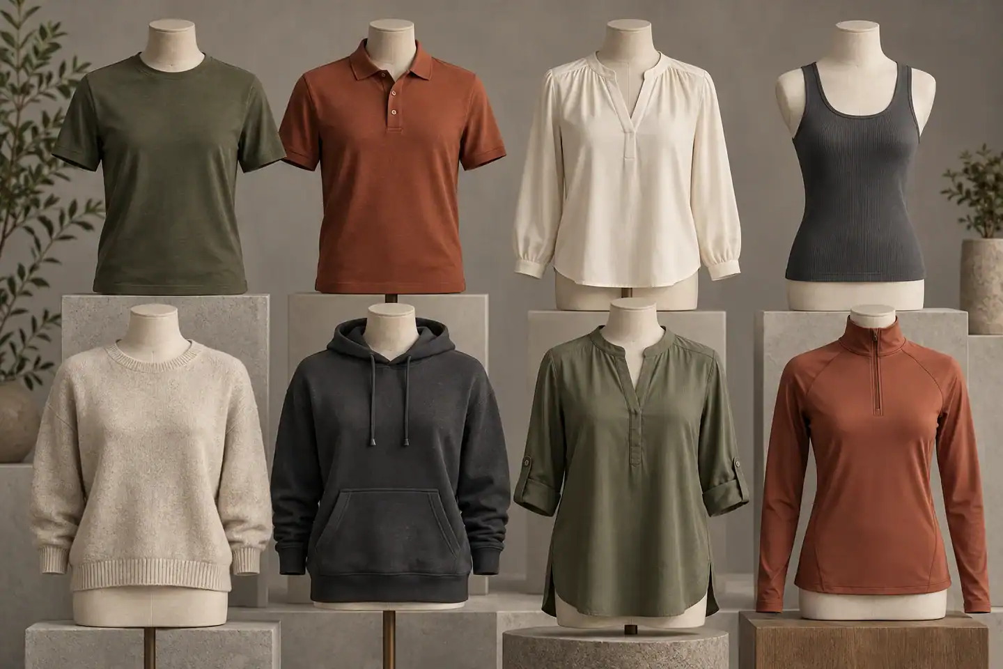 Variety of casual and professional clothing options displayed on mannequins.