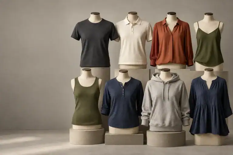 Display of various custom tops including t-shirts, blouses, and hoodies on mannequins.