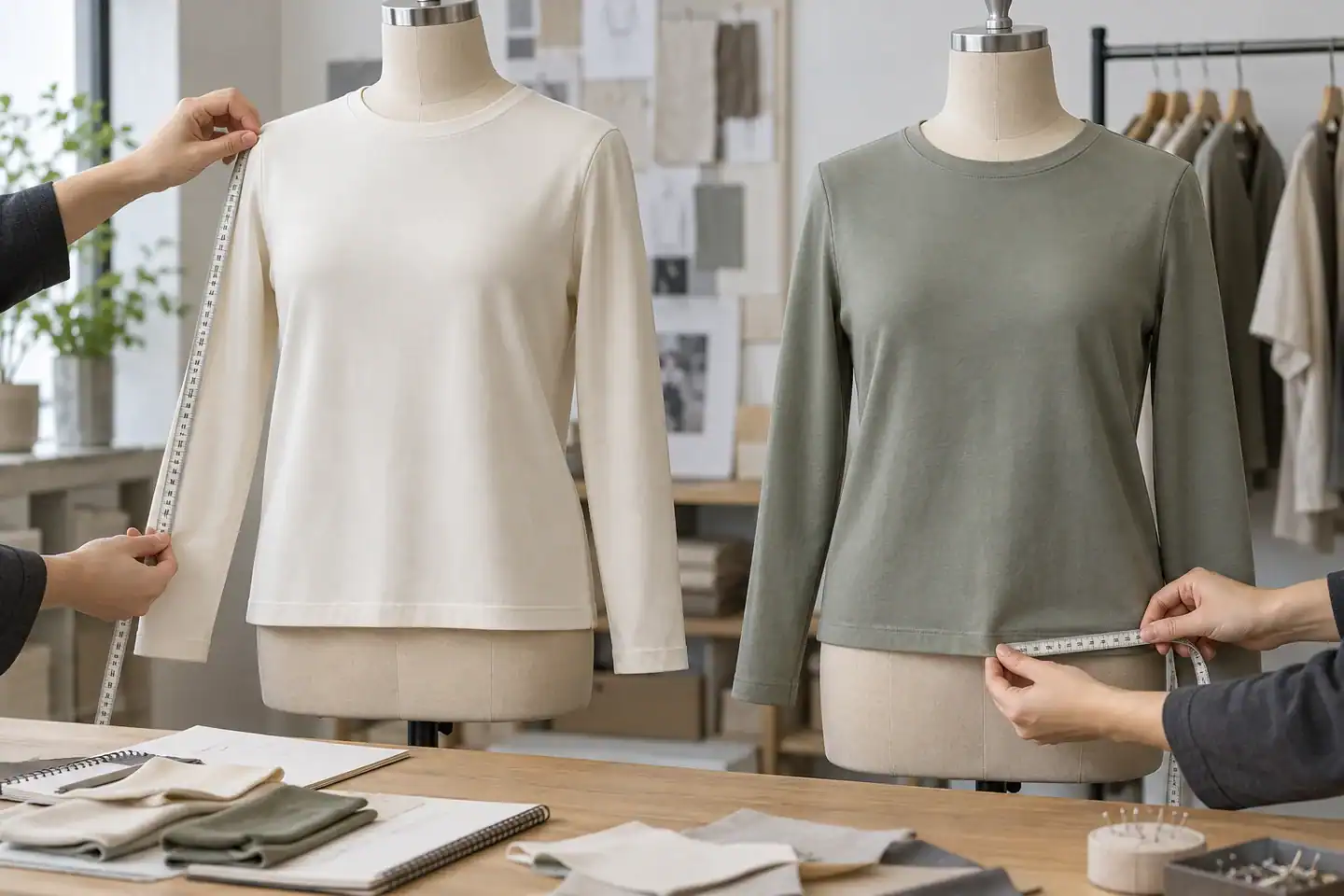 Two mannequins with custom-made tops in a design studio setting.