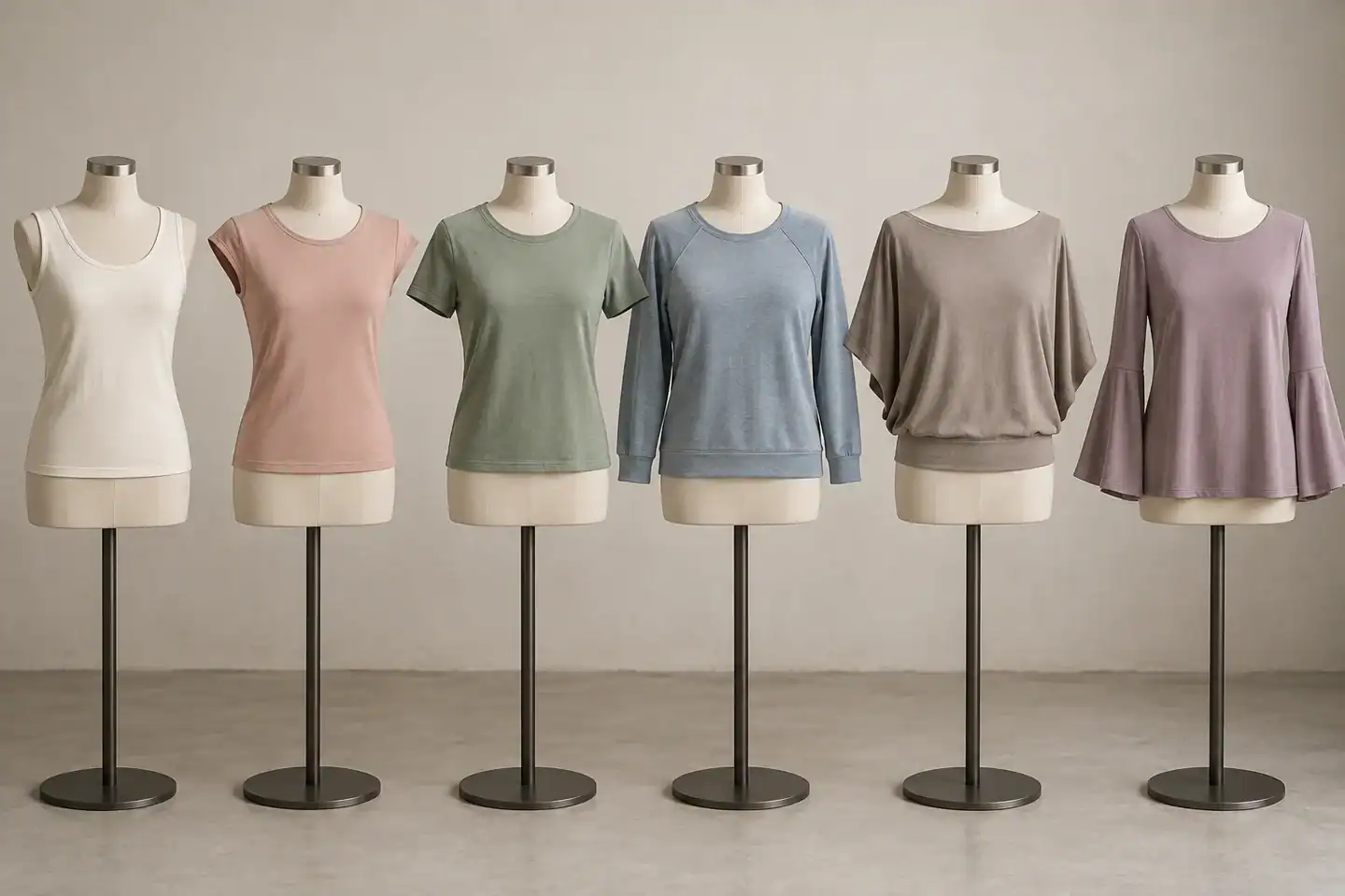 Display of six pastel-colored women's tops on mannequins in a studio.