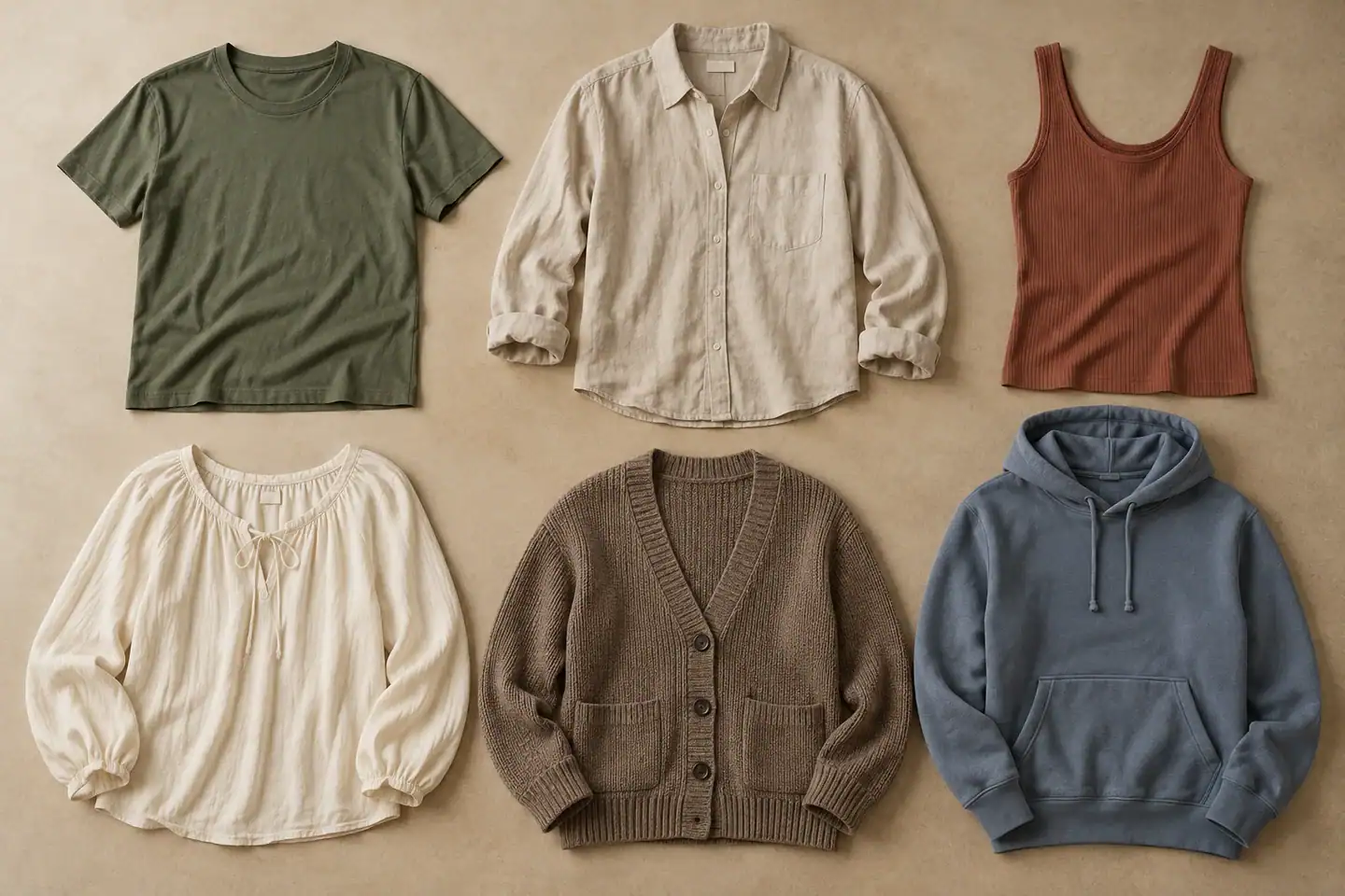 Collection of casual tops and sweaters including t-shirts, shirts, tank top, cardigan, and hoodie.