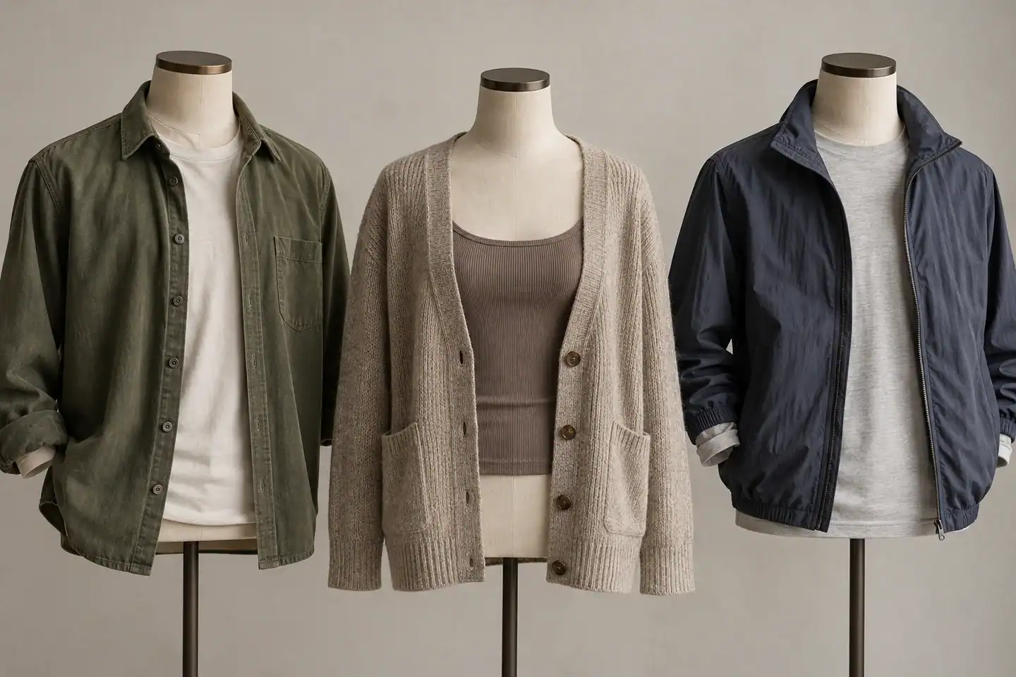 Three mannequins showcasing casual tops and outerwear for custom clothing design.