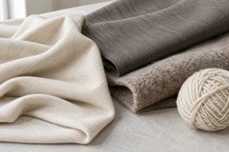 Close-up of various wool fabrics in neutral tones with yarn.