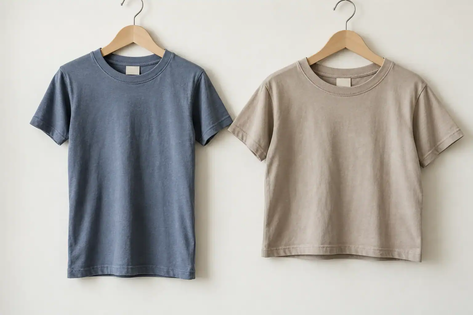 Two plain youth T-shirts in blue and beige on hangers.