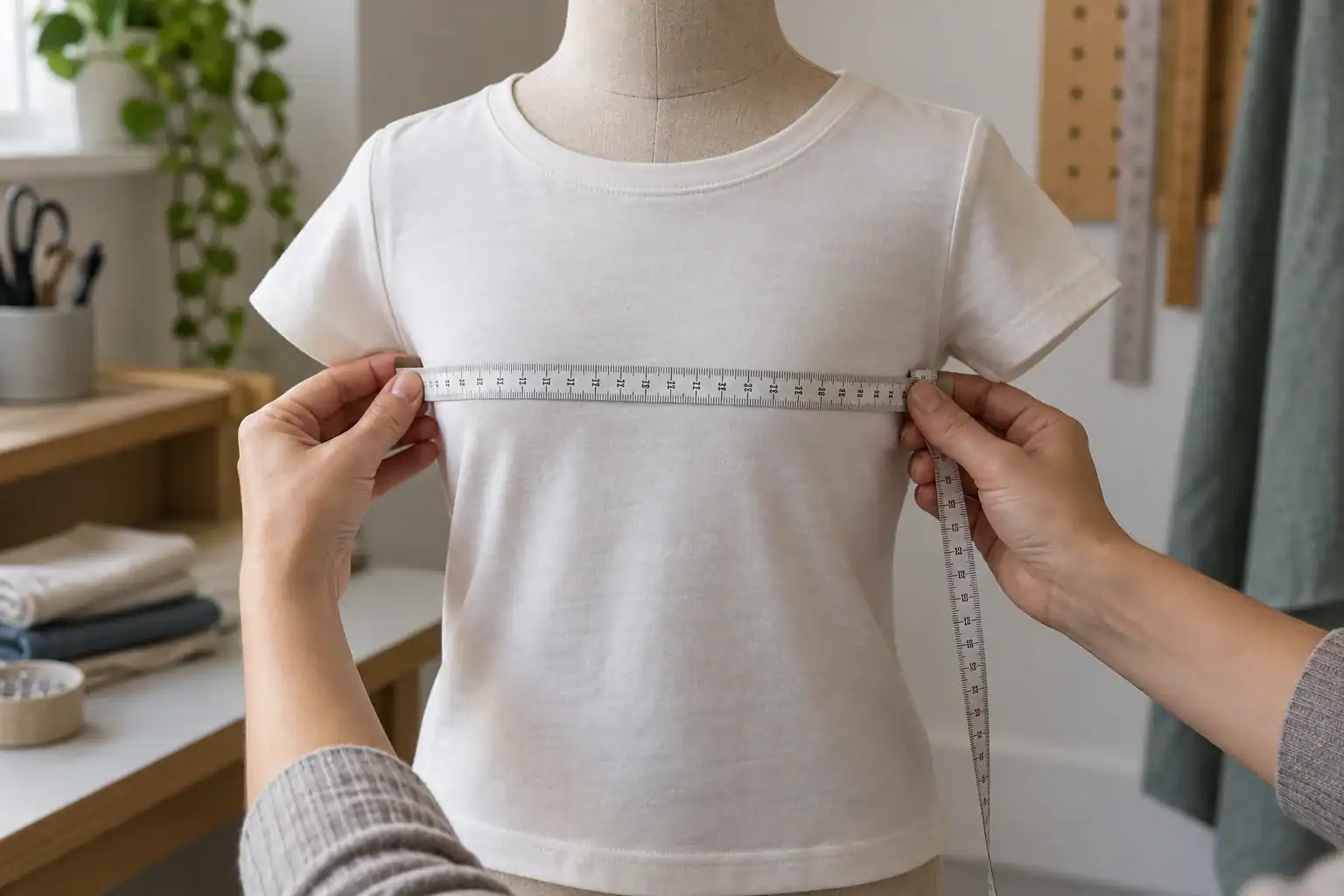 Measuring a youth shirt for size accuracy with a tape measure.