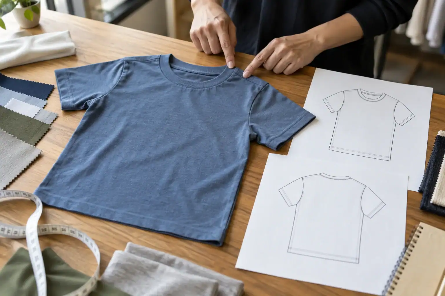 Youth garment specification review with a sample and technical drawing
