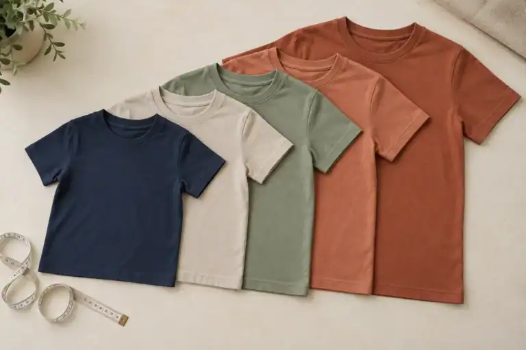Five graduated youth T-shirts with a measuring tape on a worktable
