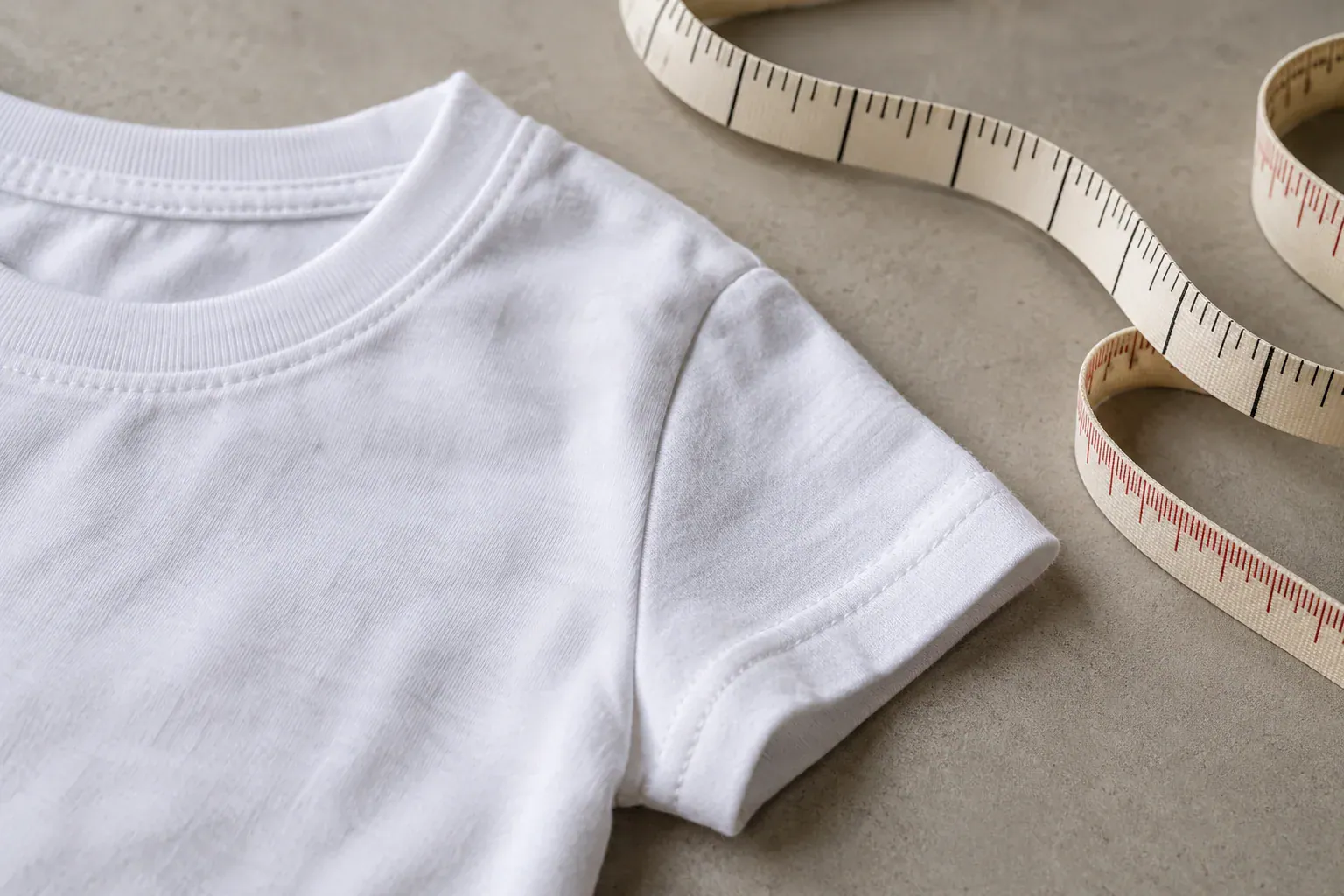 White youth T-shirt with measuring tape for size fitting.