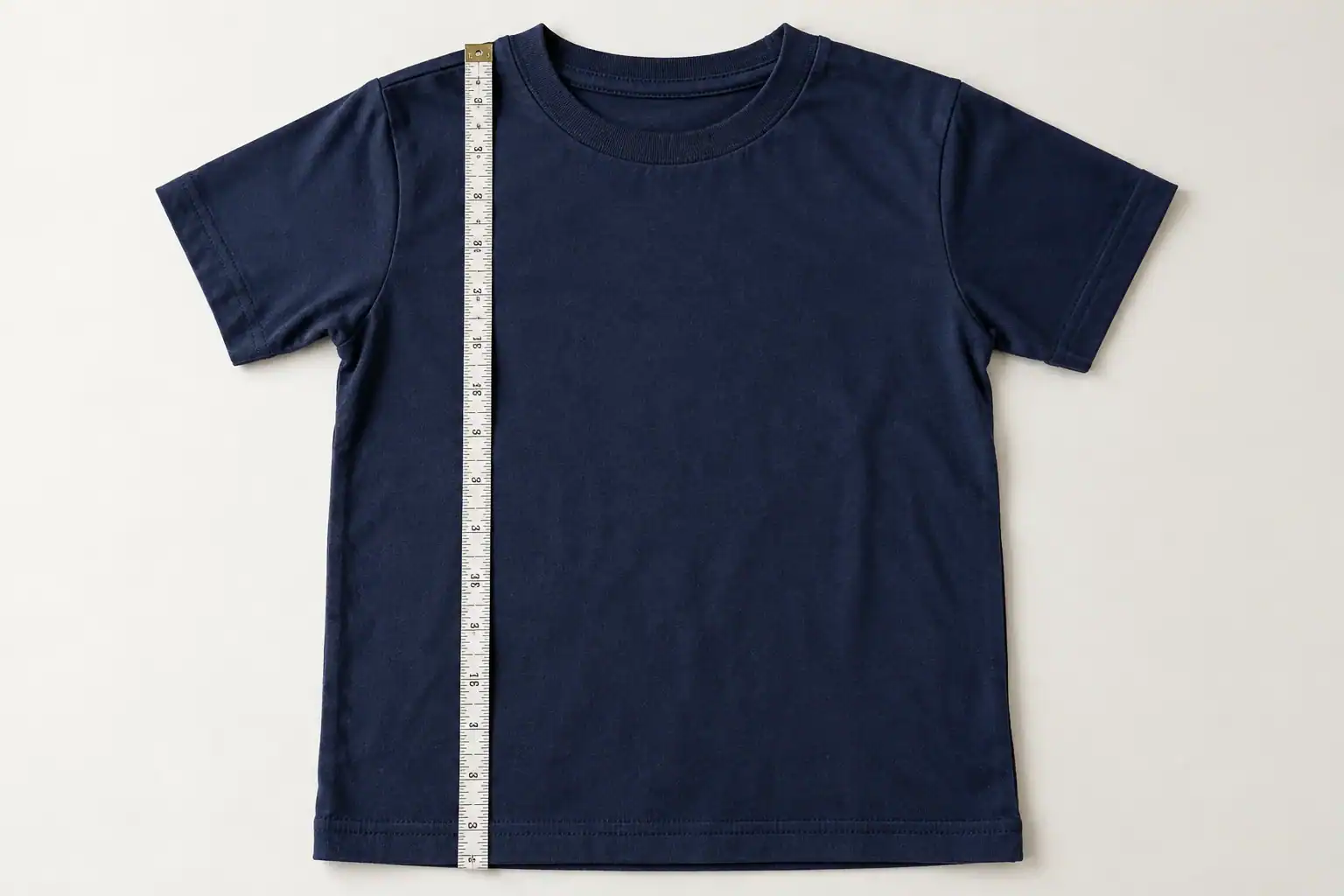 Youth navy T-shirt with measuring tape for size fitting.