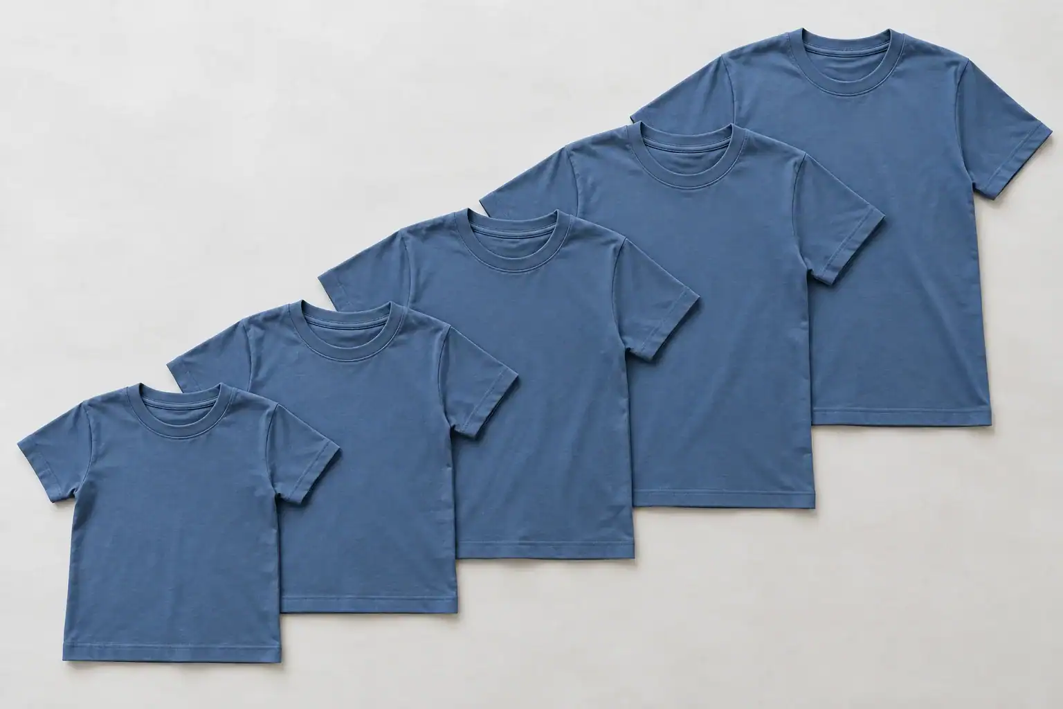 Youth T-shirts arranged from smaller to larger sizes