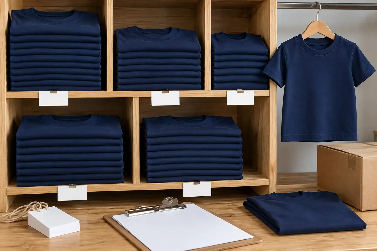 Stacked navy youth shirts and one hanging shirt on display.