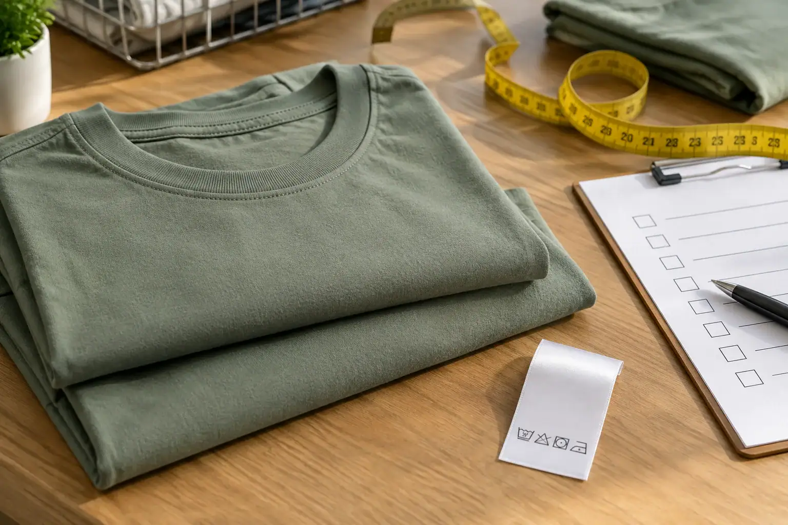 Plain green youth t-shirt with measuring tape and chart on wooden table.