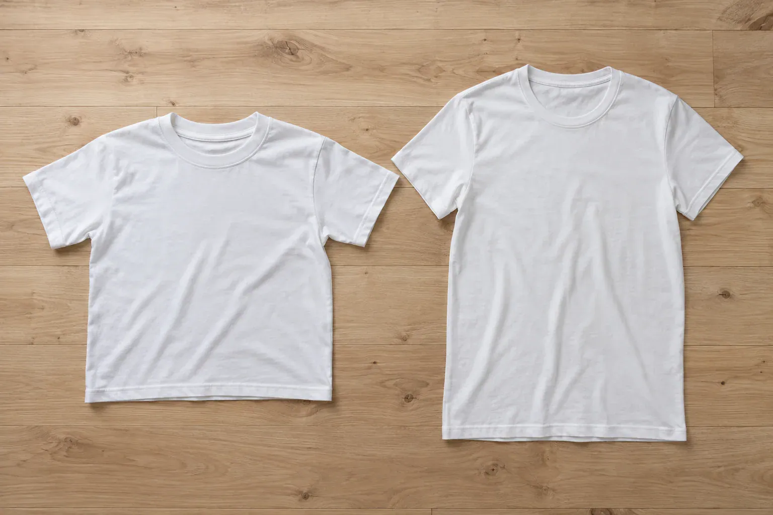 Plain white T-shirts for youth and adults on wooden background.